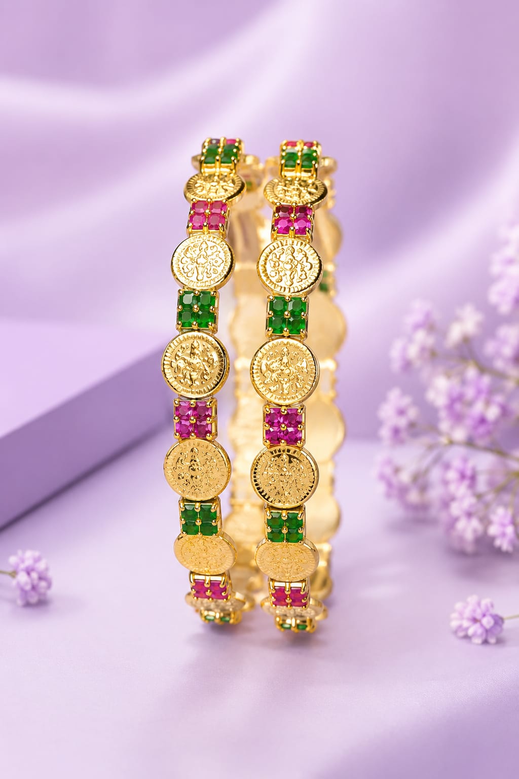 Premium Antique Gold Lakshmi Coin Bangle with Pink & Green Kemp Stones
