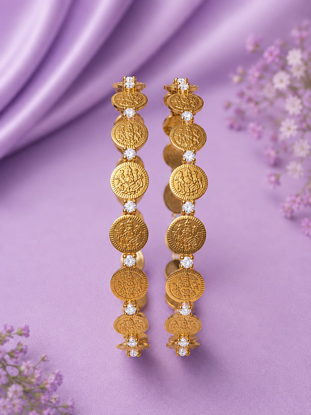 Antique Gold Lakshmi Coin Dangling Earrings with Pearl Accents