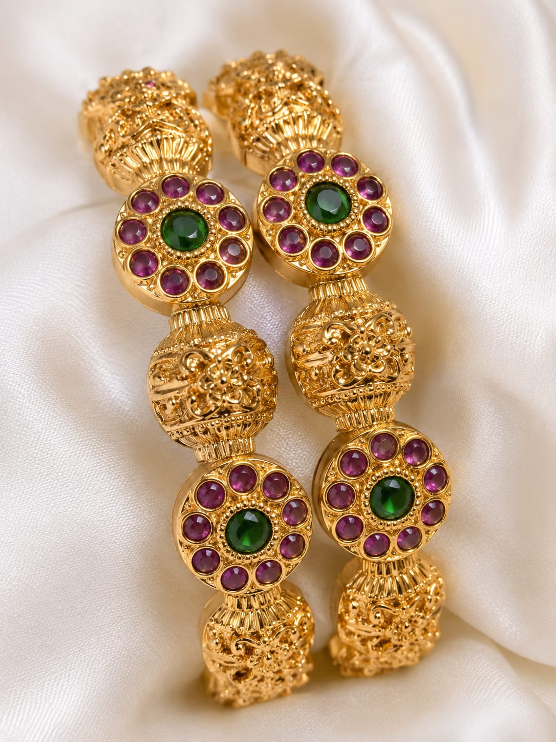 Antique Gold Temple Kada Bangles with Ruby Green Kemp Stones & Floral Motifs