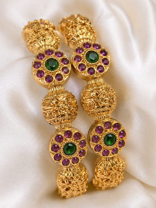 Antique Gold Temple Kada Bangles with Ruby Green Kemp Stones & Floral Motifs
