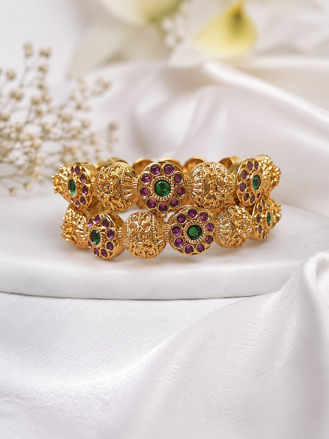 Antique Gold Temple Kada Bangles with Ruby Green Kemp Stones & Floral Motifs
