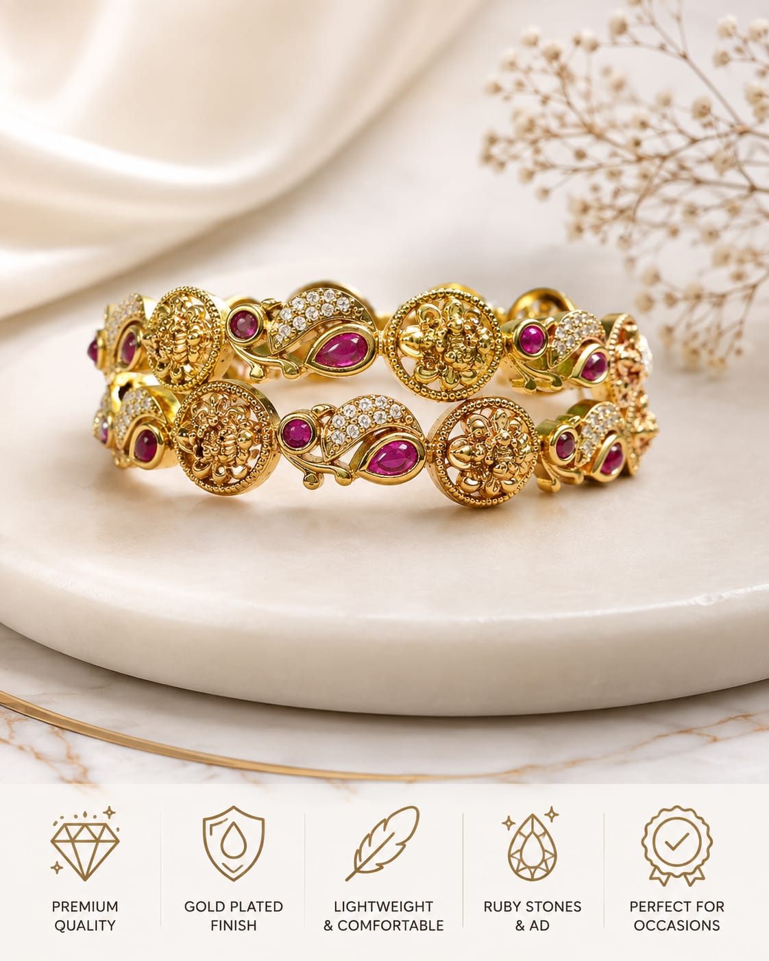 Antique Gold Temple Lakshmi & Peacock Kada Bangles with Kemp Stones