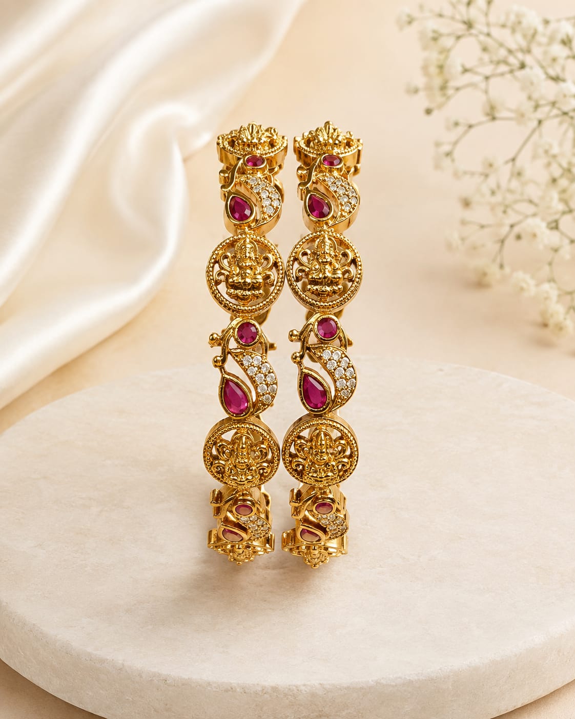 Antique Gold Temple Lakshmi & Peacock Kada Bangles with Kemp Stones