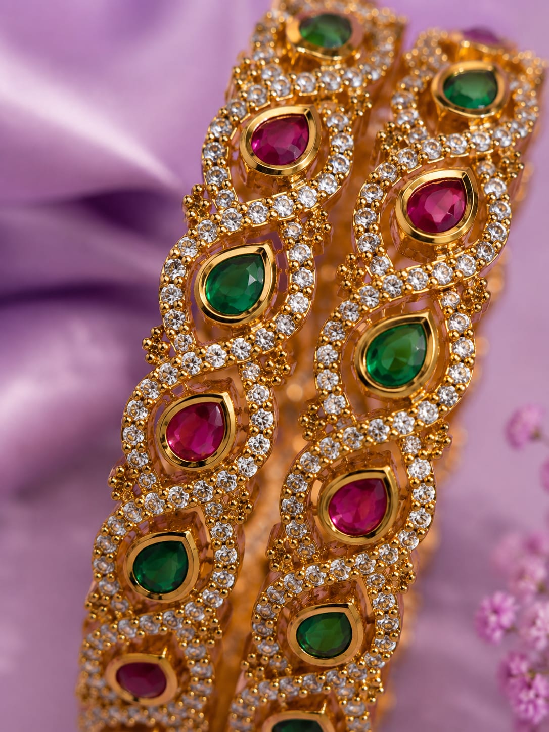 Antique Gold Traditional Ruby & Emerald Kemp Stone Bangles