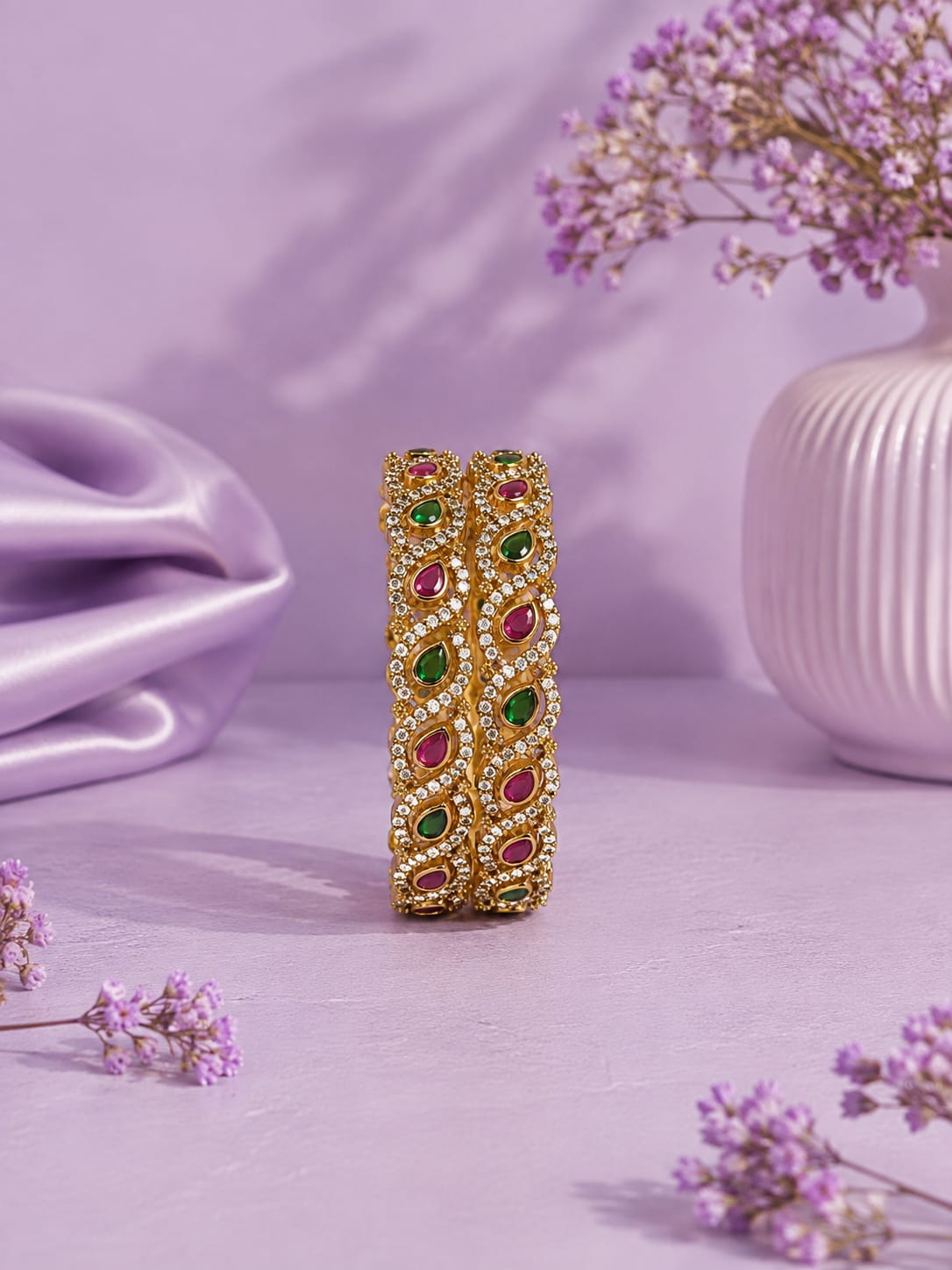 Antique Gold Traditional Ruby & Emerald Kemp Stone Bangles