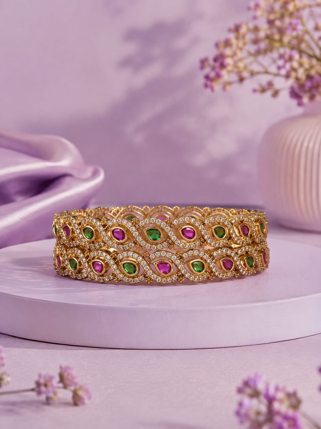 Antique Gold Traditional Ruby & Emerald Kemp Stone Bangles