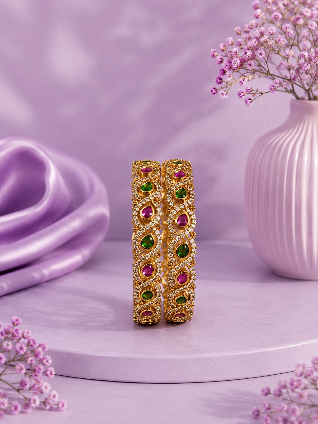 Antique Gold Traditional Ruby & Emerald Kemp Stone Bangles