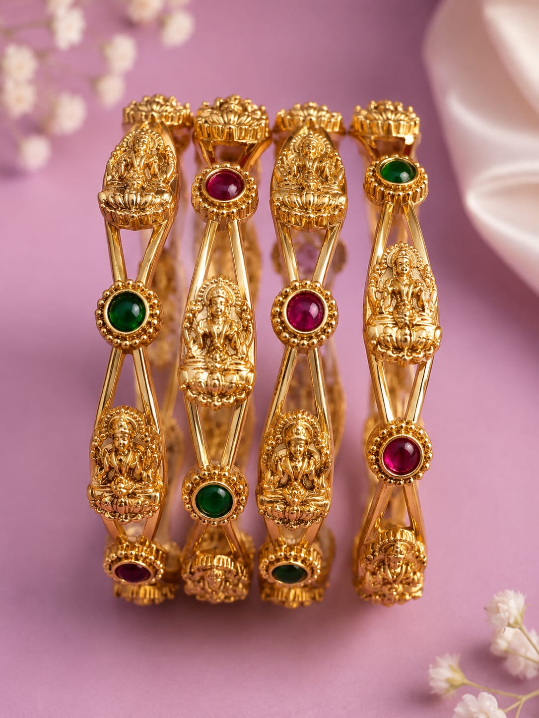 Antique Gold Temple Peacock Bangles with Kemp Stones