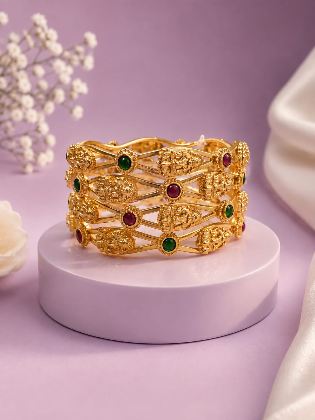 Antique Gold Temple Peacock Bangles with Kemp Stones