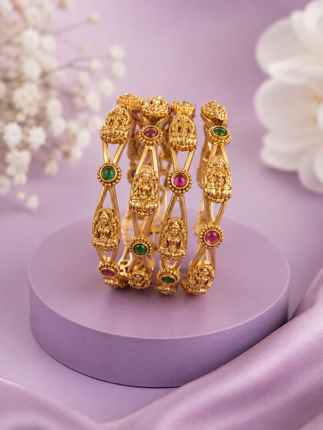 Antique Gold Temple Peacock Bangles with Kemp Stones