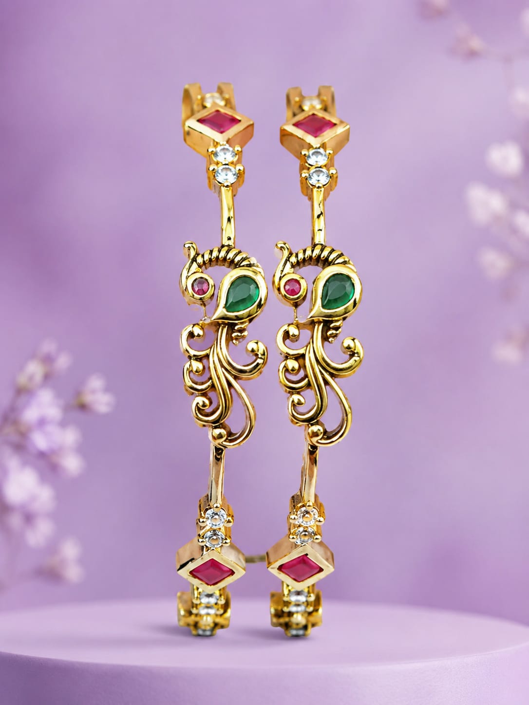 Antique Gold Temple Peacock & Lakshmi Kada Bangles with Jhumka Drop Accents