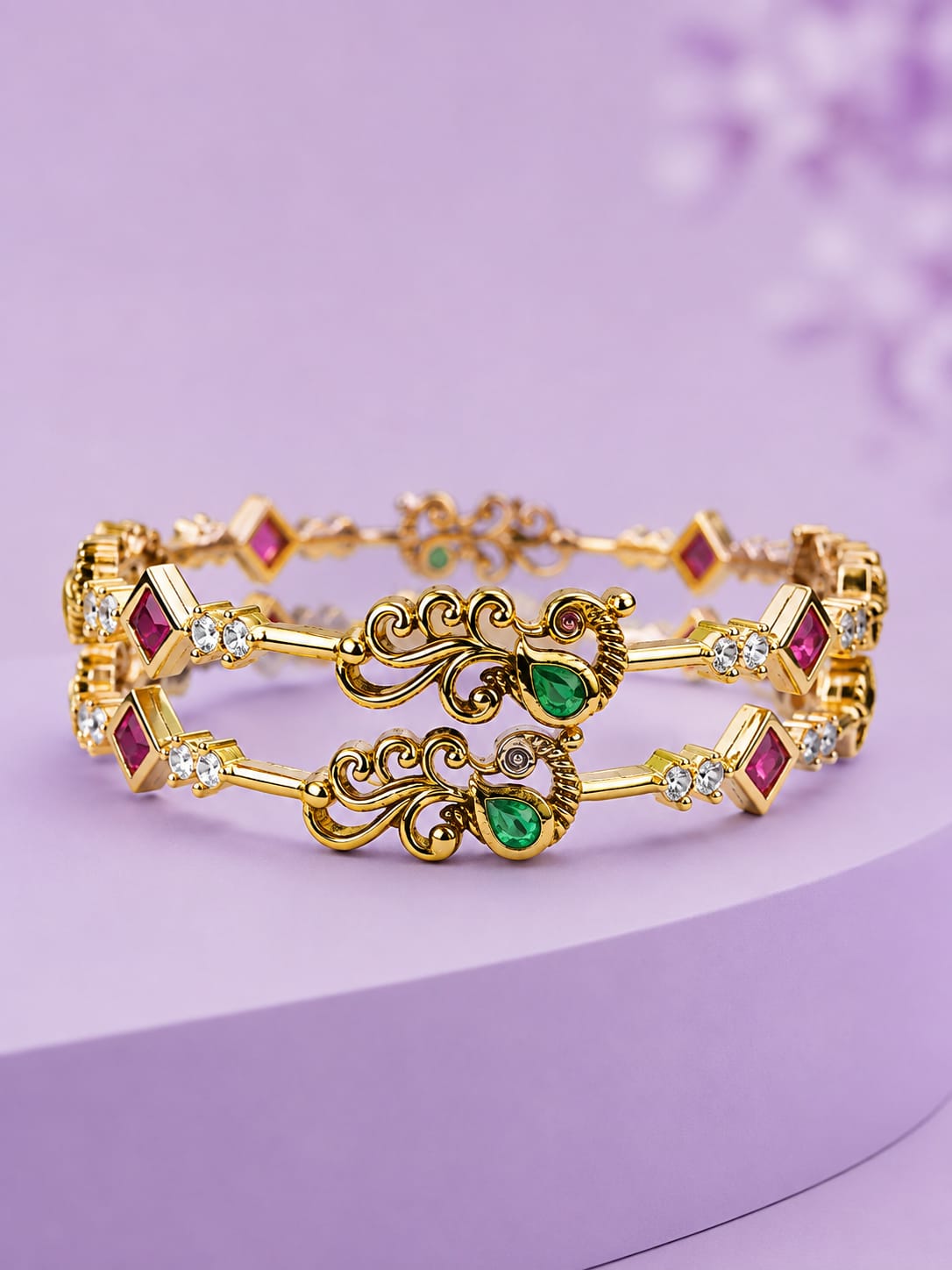 Antique Gold Temple Peacock & Lakshmi Kada Bangles with Jhumka Drop Accents