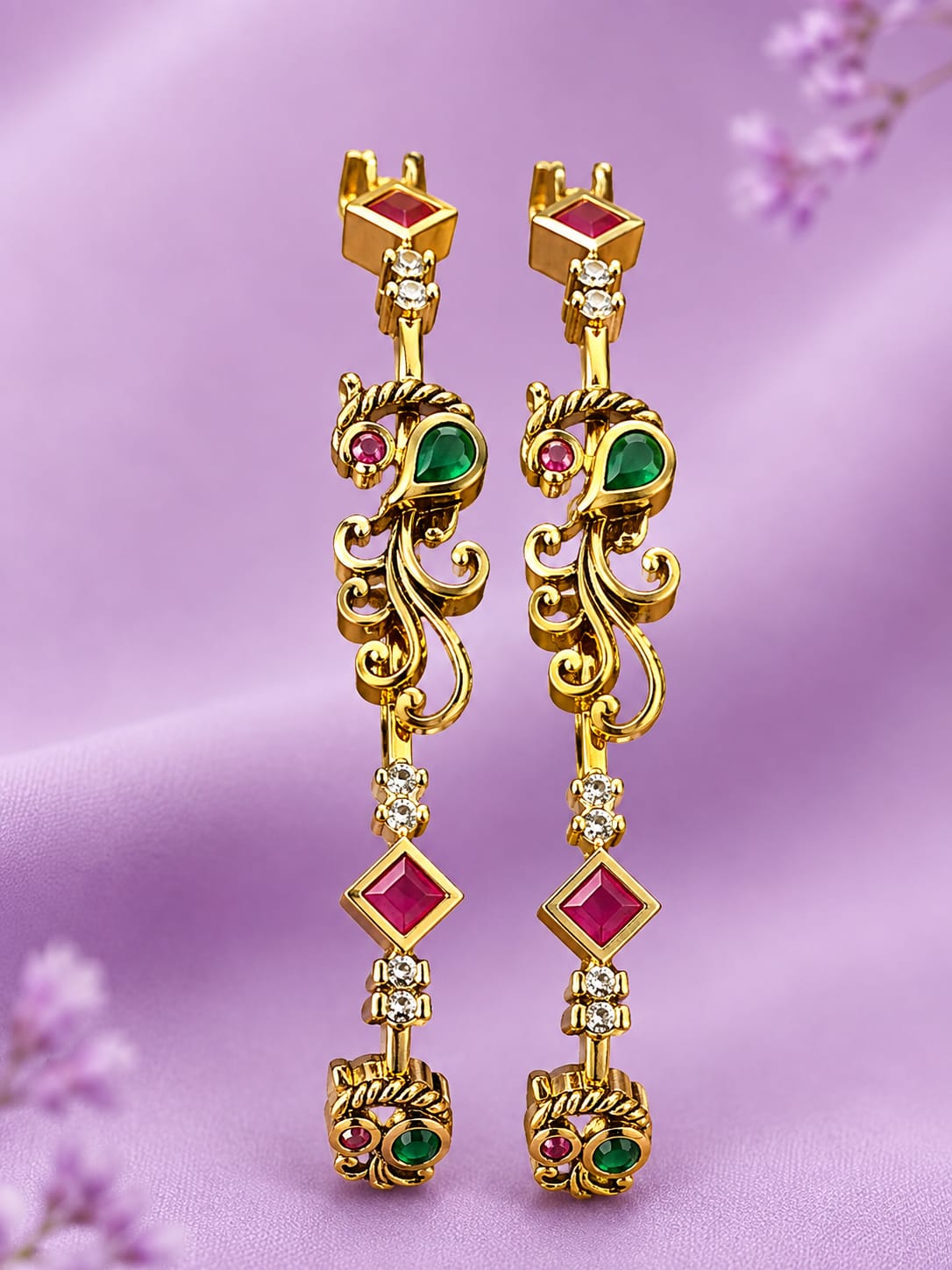 Antique Gold Temple Peacock & Lakshmi Kada Bangles with Jhumka Drop Accents