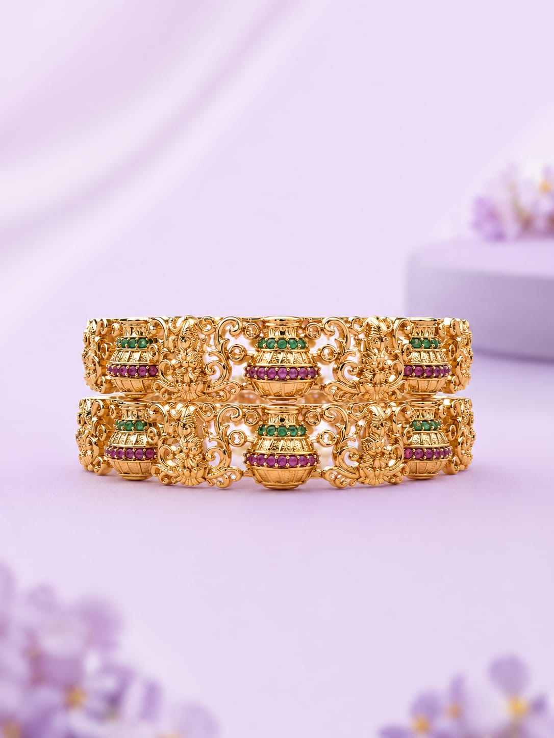Antique Gold Traditional Baguette Cut Ruby Emerald & White Stone Bangles