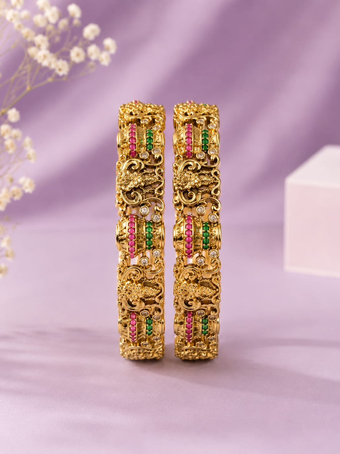 Antique Gold Traditional Baguette Cut Ruby Emerald & White Stone Bangles