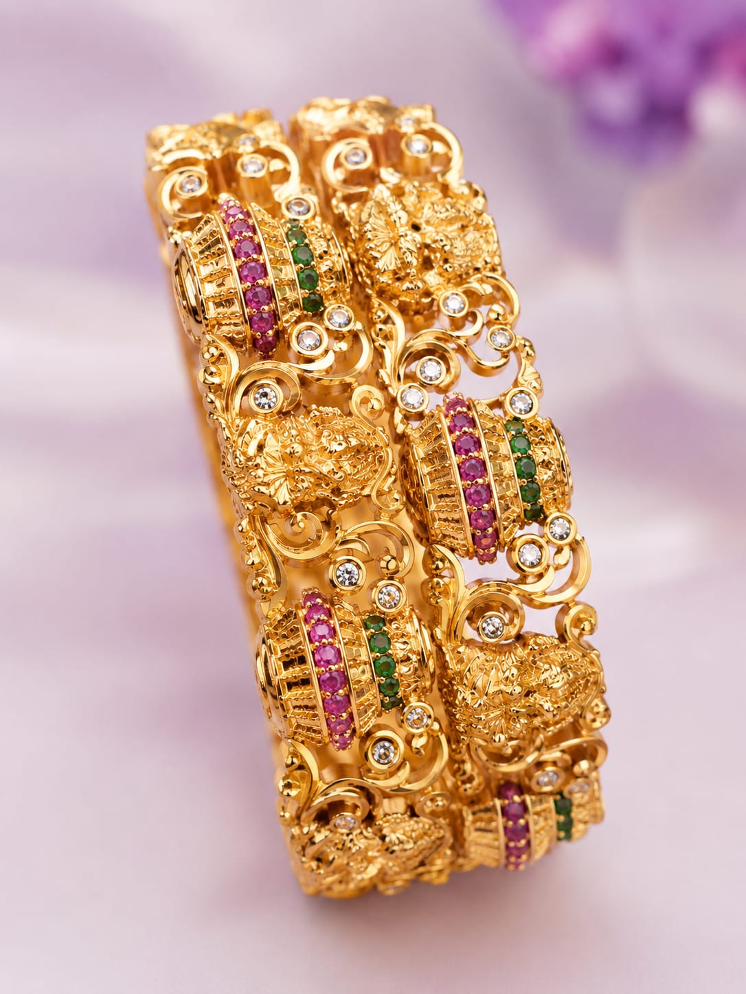 Antique Gold Traditional Baguette Cut Ruby Emerald & White Stone Bangles