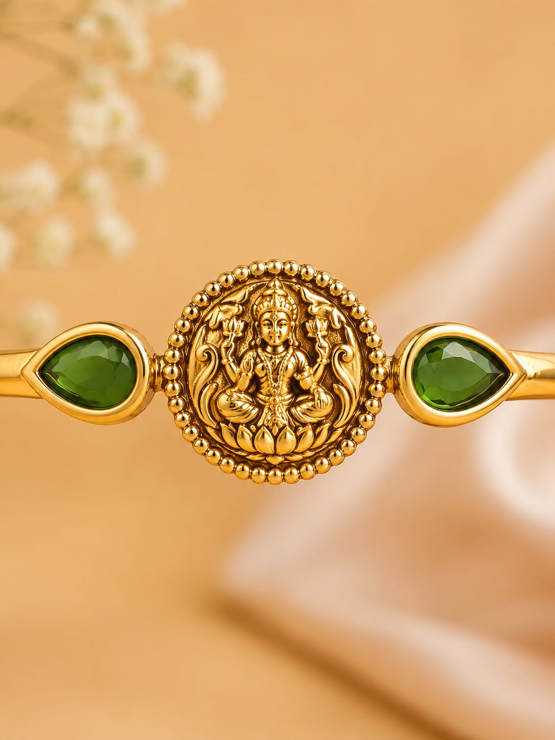 Antique Gold Temple Lakshmi Bangles with Green Stones & Hanging Beads