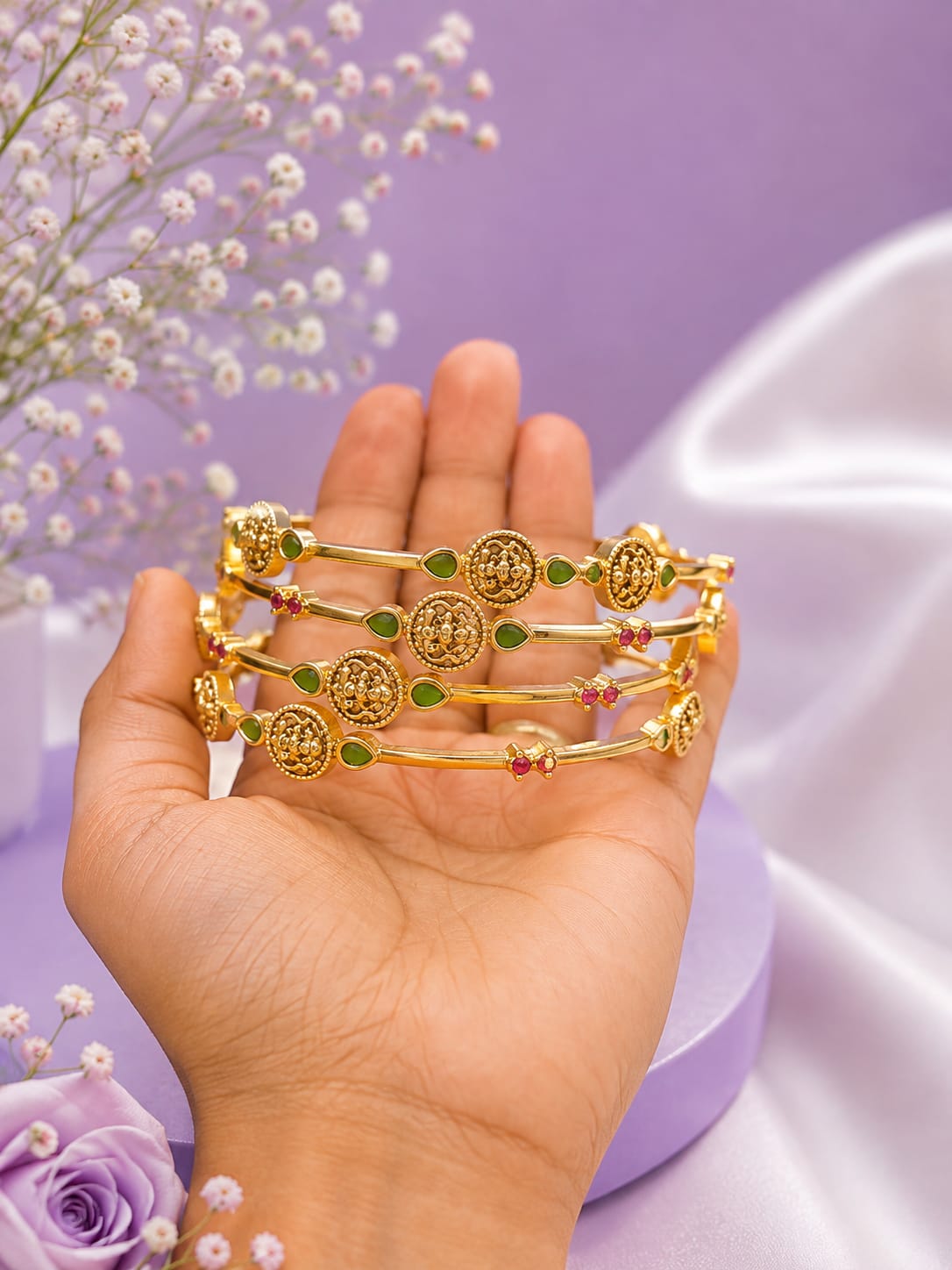 Antique Gold Temple Lakshmi Bangles with Green Stones & Hanging Beads