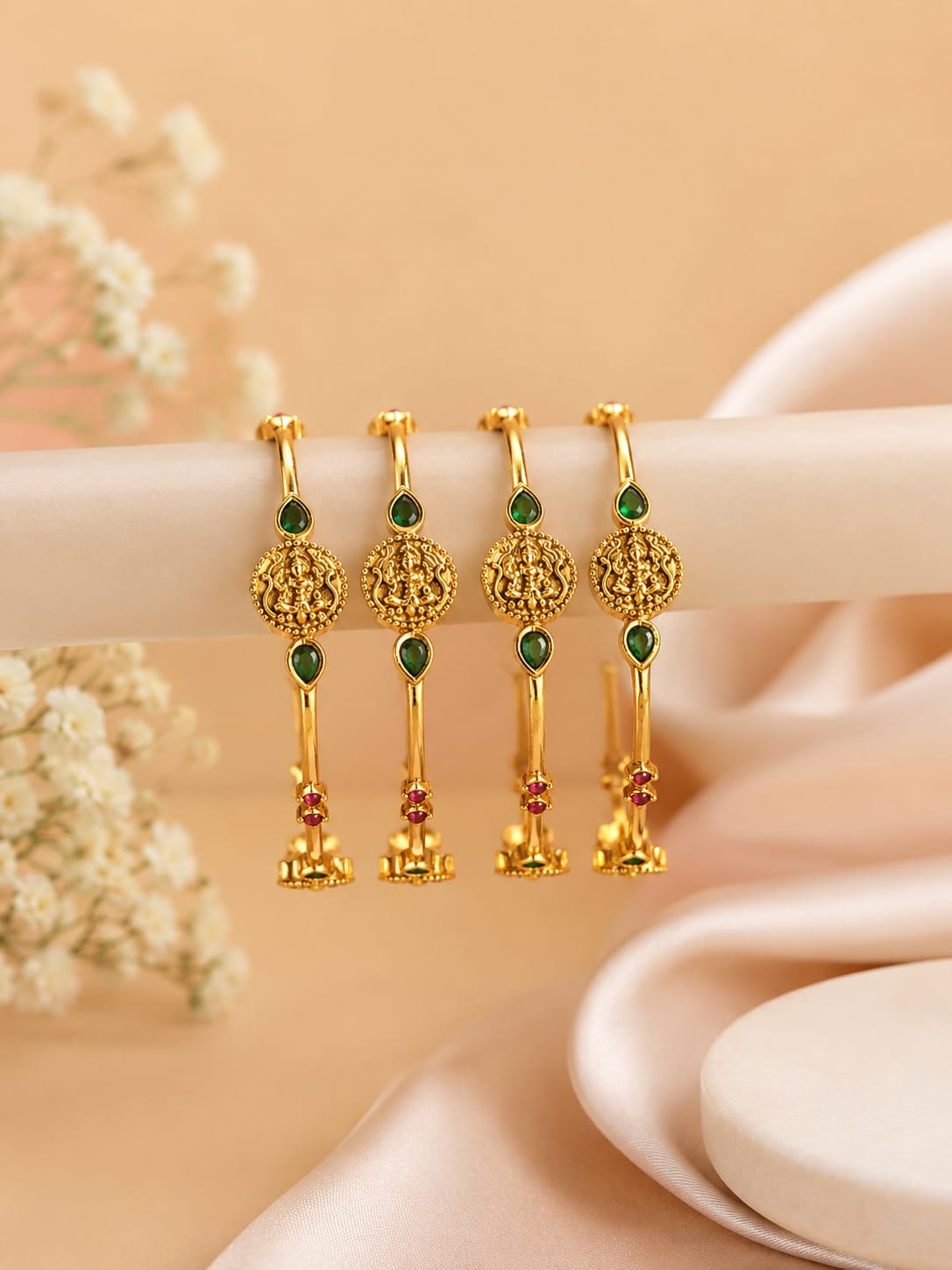 Antique Gold Temple Lakshmi Bangles with Green Stones & Hanging Beads