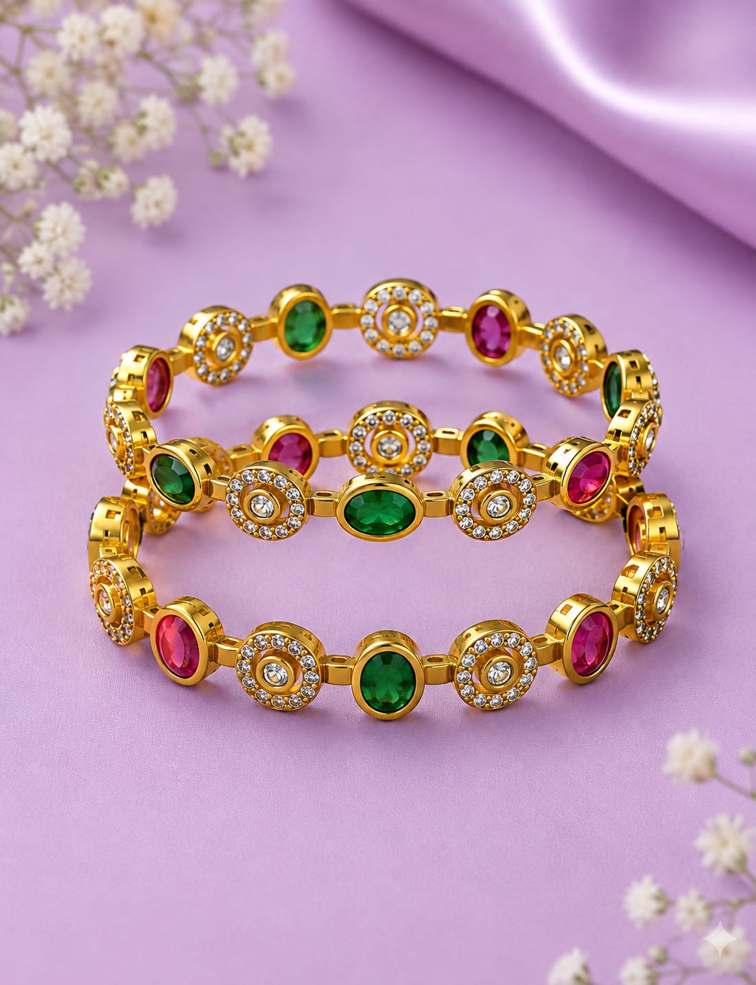 Antique Gold Temple Lakshmi & Peacock Bangles with Kemp Stones and Hanging Beads