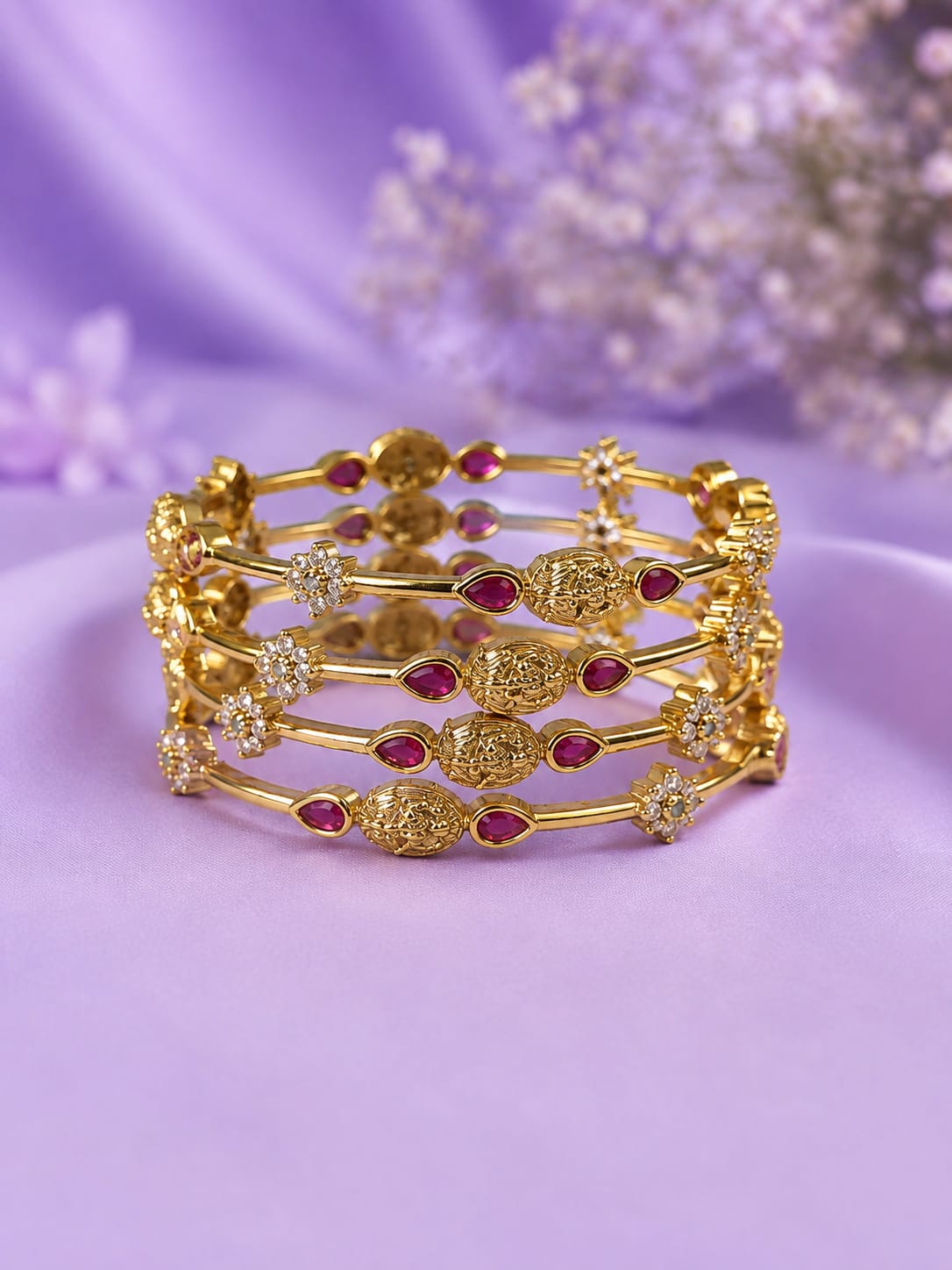 Antique Matte Gold Plated Ruby Stone Traditional Bangle Set (Set of 4)