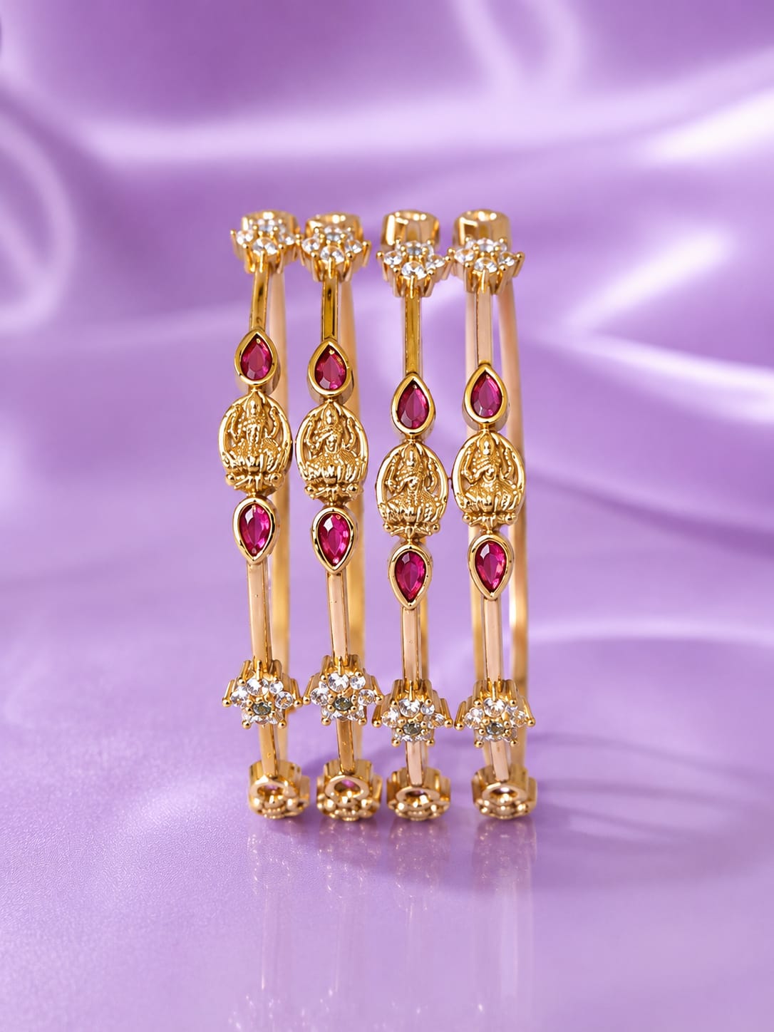 Antique Matte Gold Plated Ruby Stone Traditional Bangle Set (Set of 4)