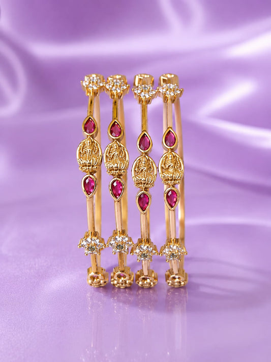 Antique Matte Gold Plated Ruby Stone Traditional Bangle Set (Set of 4)