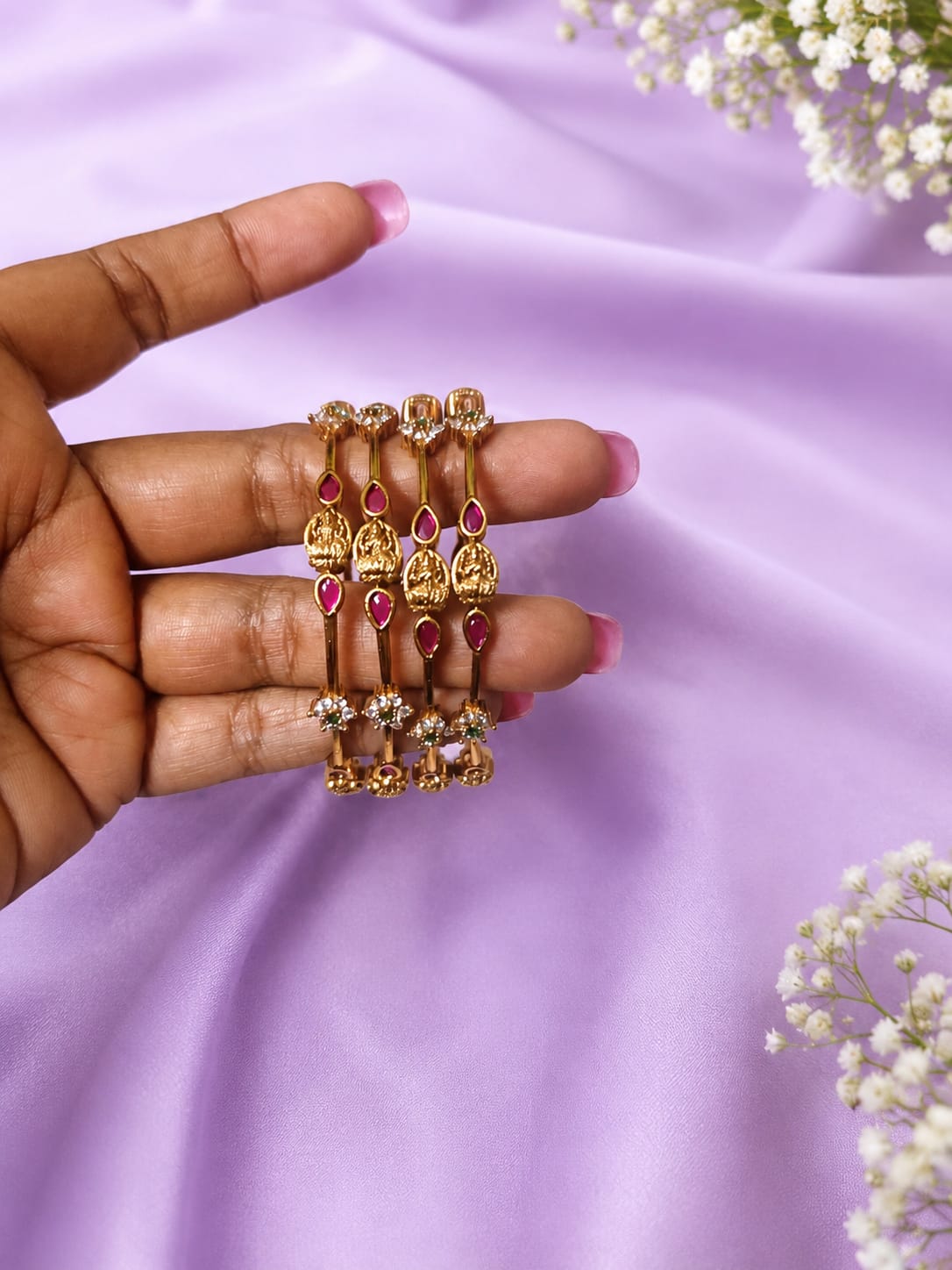 Antique Matte Gold Plated Ruby Stone Traditional Bangle Set (Set of 4)