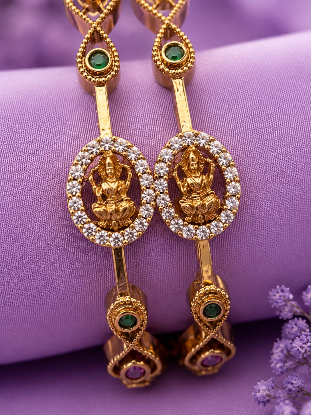 Antique Matte Gold Plated Temple Goddess Lakshmi Ruby & White Stone Earrings