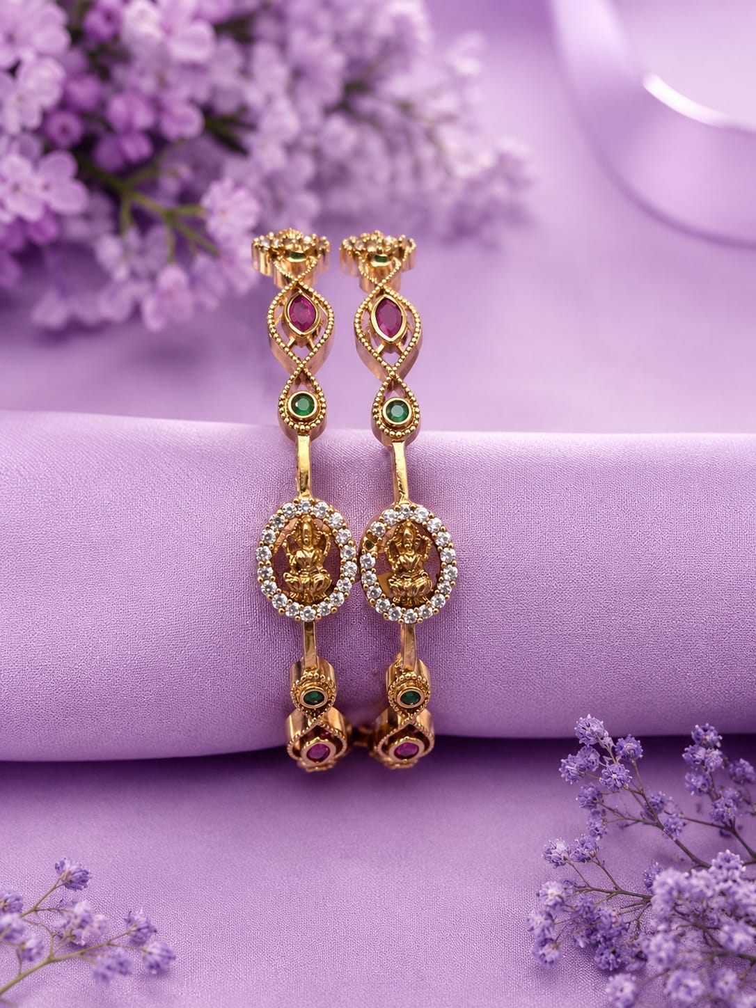 Antique Matte Gold Plated Temple Goddess Lakshmi Ruby & White Stone Earrings