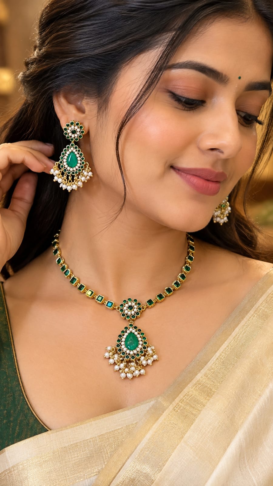 Royal Green Stone & Pearl Jewellery Set