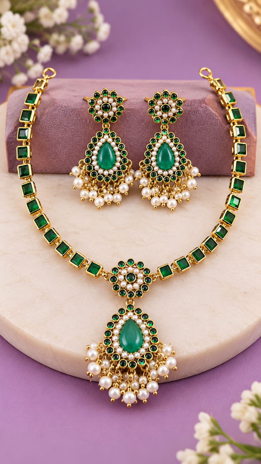 Royal Green Stone & Pearl Jewellery Set
