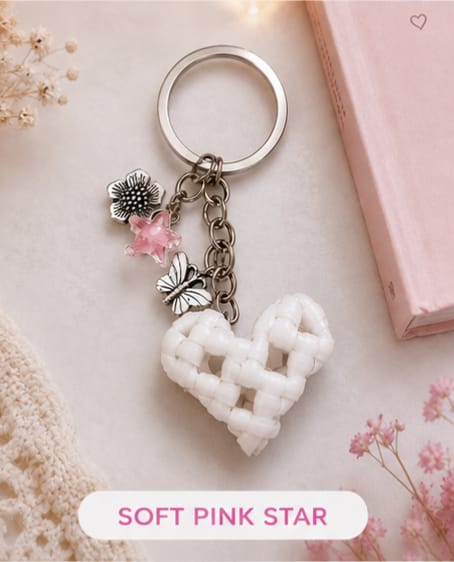 Handcrafted Cute Floral & Butterfly White Heart Wire Keychain