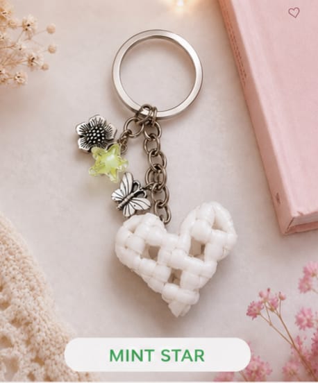 Handcrafted Cute Floral & Butterfly White Heart Wire Keychain