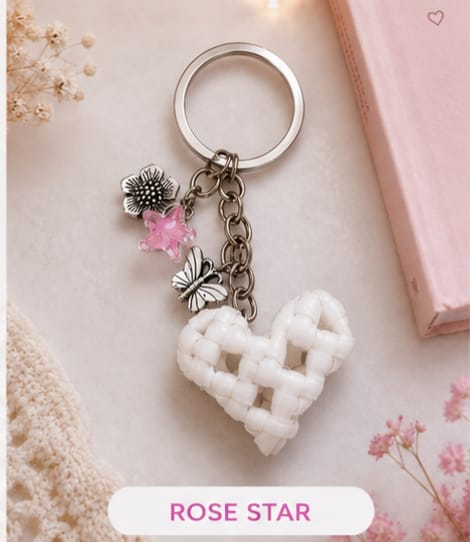 Handcrafted Cute Floral & Butterfly White Heart Wire Keychain