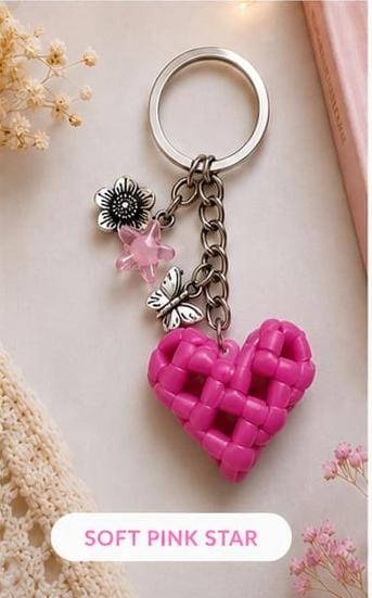 Handcrafted Cute Floral & Butterfly Pink Heart Wire Keychain