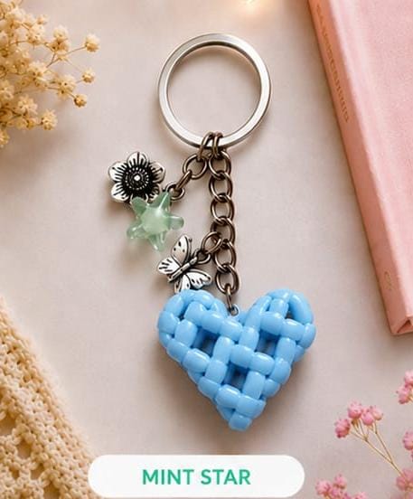Handcrafted Cute Floral & Butterfly Blue Heart Wire Keychain