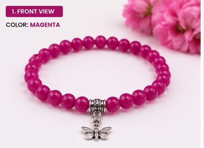 Lila Trendz Magenta Beaded Butterfly Charm Bracelet | Stretchable Elastic Bracelet for Women & Girls | Lightweight Daily Wear Gift