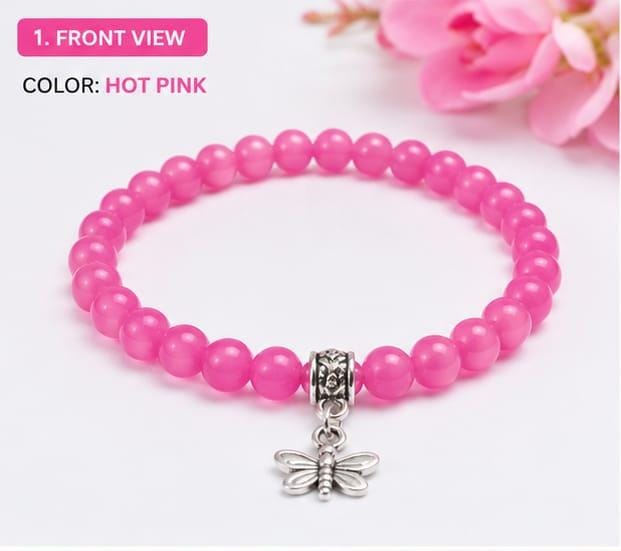 Lila Trendz Magenta Beaded Butterfly Charm Bracelet | Stretchable Elastic Bracelet for Women & Girls | Lightweight Daily Wear Gift