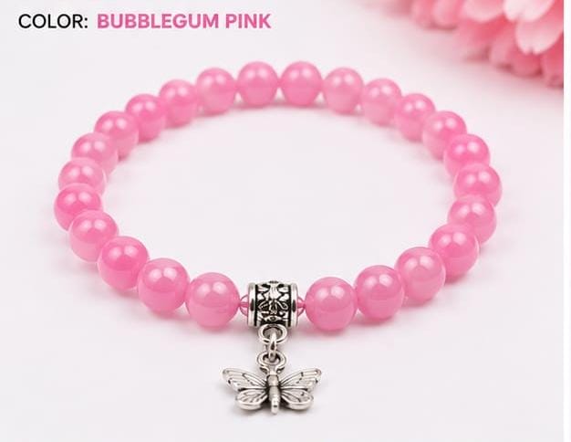 Lila Trendz Magenta Beaded Butterfly Charm Bracelet | Stretchable Elastic Bracelet for Women & Girls | Lightweight Daily Wear Gift
