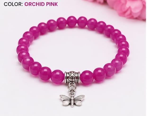 Lila Trendz Magenta Beaded Butterfly Charm Bracelet | Stretchable Elastic Bracelet for Women & Girls | Lightweight Daily Wear Gift