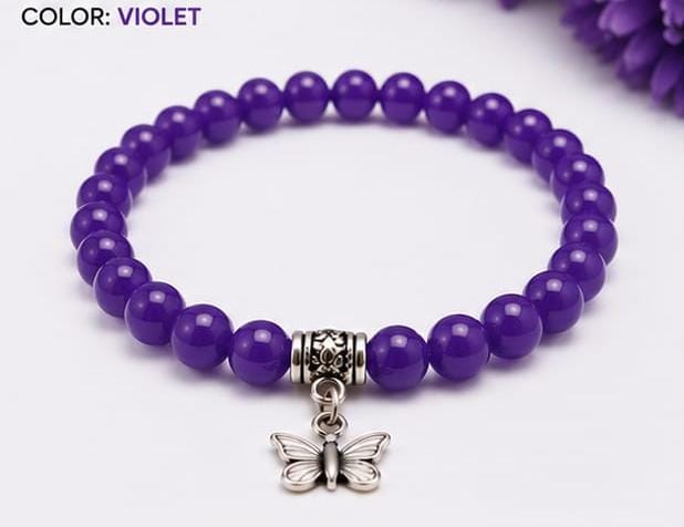 Lila Trendz Magenta Beaded Butterfly Charm Bracelet | Stretchable Elastic Bracelet for Women & Girls | Lightweight Daily Wear Gift