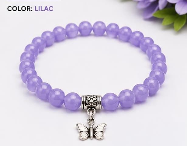 Lila Trendz Magenta Beaded Butterfly Charm Bracelet | Stretchable Elastic Bracelet for Women & Girls | Lightweight Daily Wear Gift
