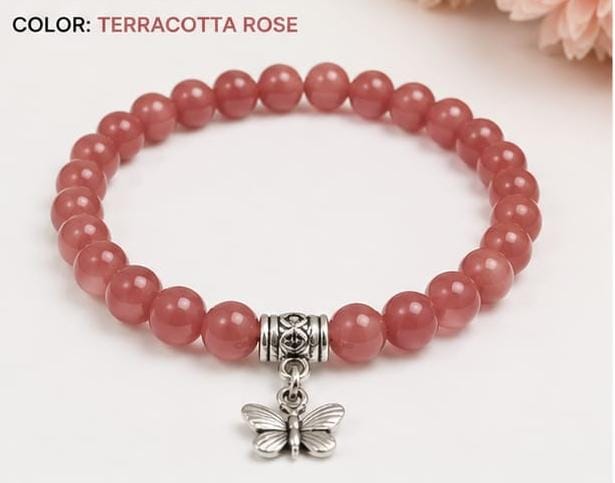 Lila Trendz Magenta Beaded Butterfly Charm Bracelet | Stretchable Elastic Bracelet for Women & Girls | Lightweight Daily Wear Gift