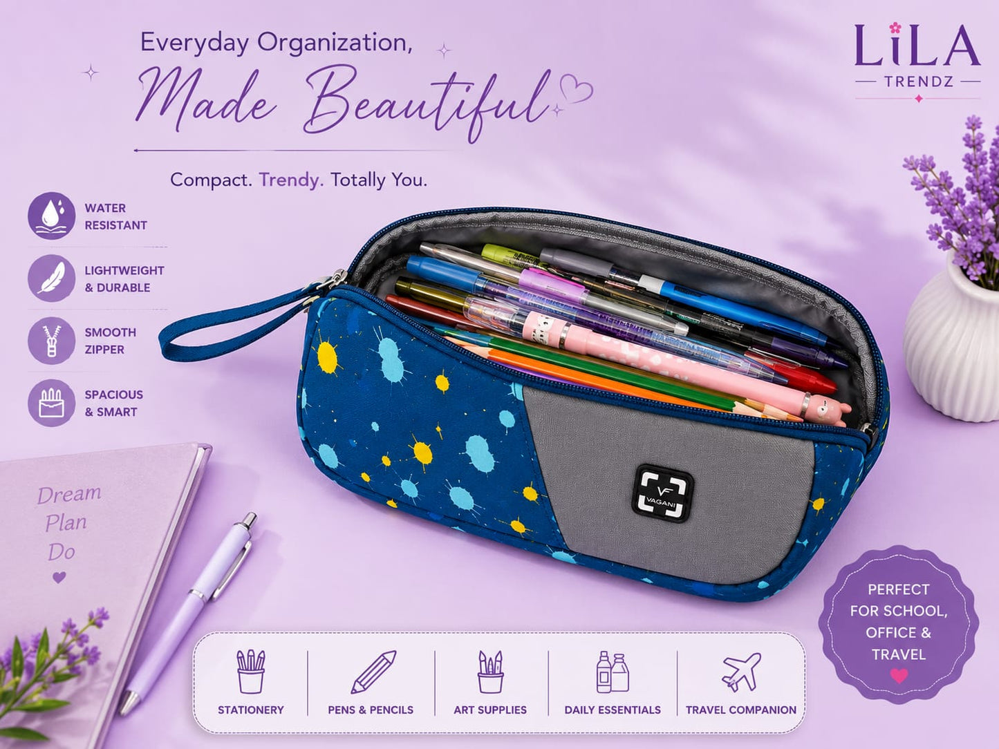 LiLa Trendz Vibrant Floral Print Multi-Purpose Pencil Pouch & Makeup Case