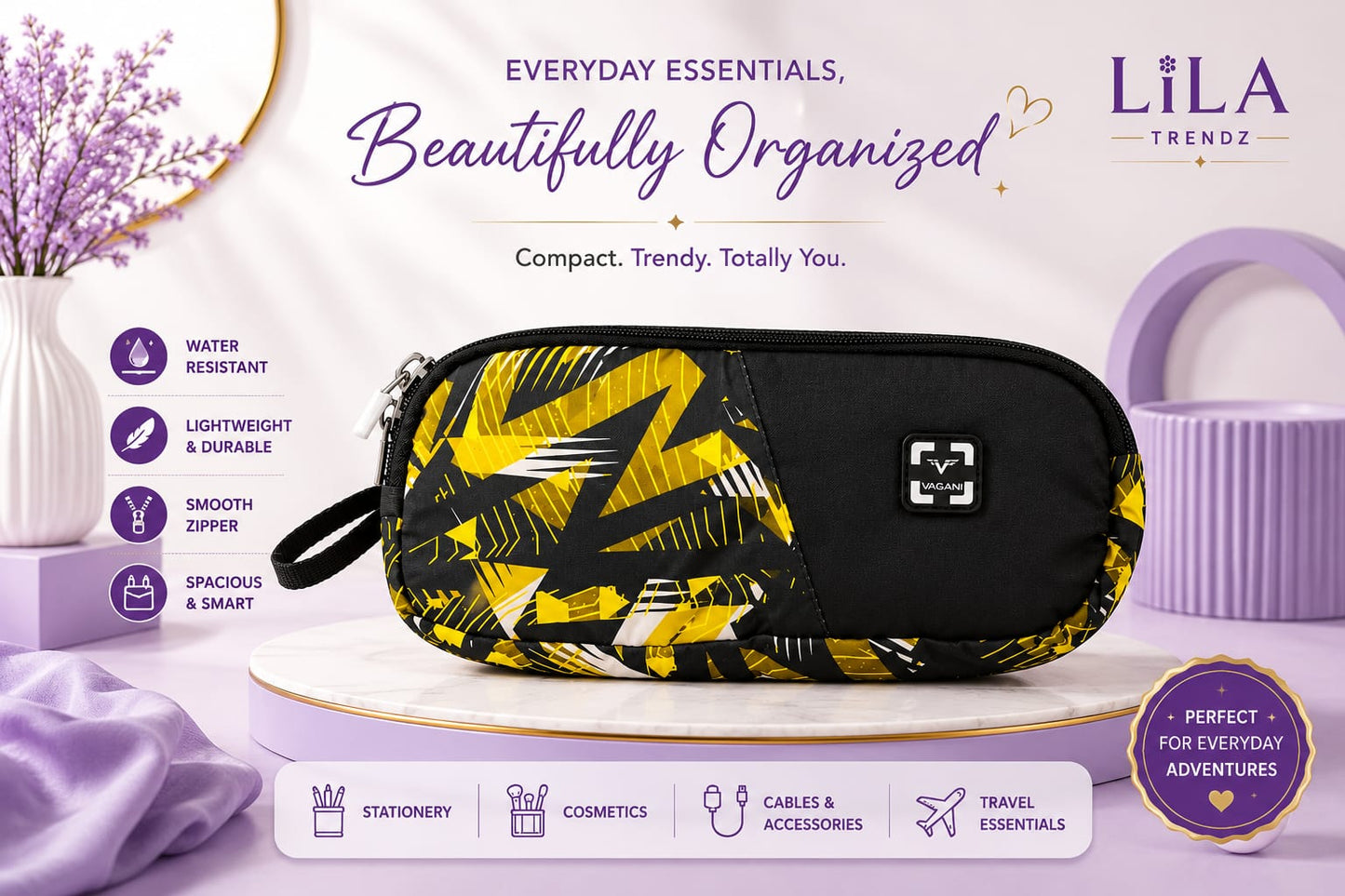 LiLa Trendz Vibrant Floral Print Multi-Purpose Pencil Pouch & Makeup Case