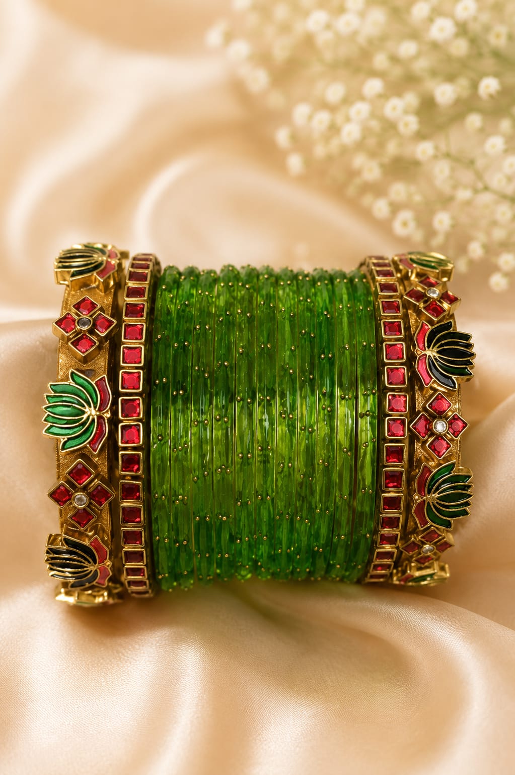 LiLa Trendz Traditional Red Glass Bangle Set with Antique Kemp Kada