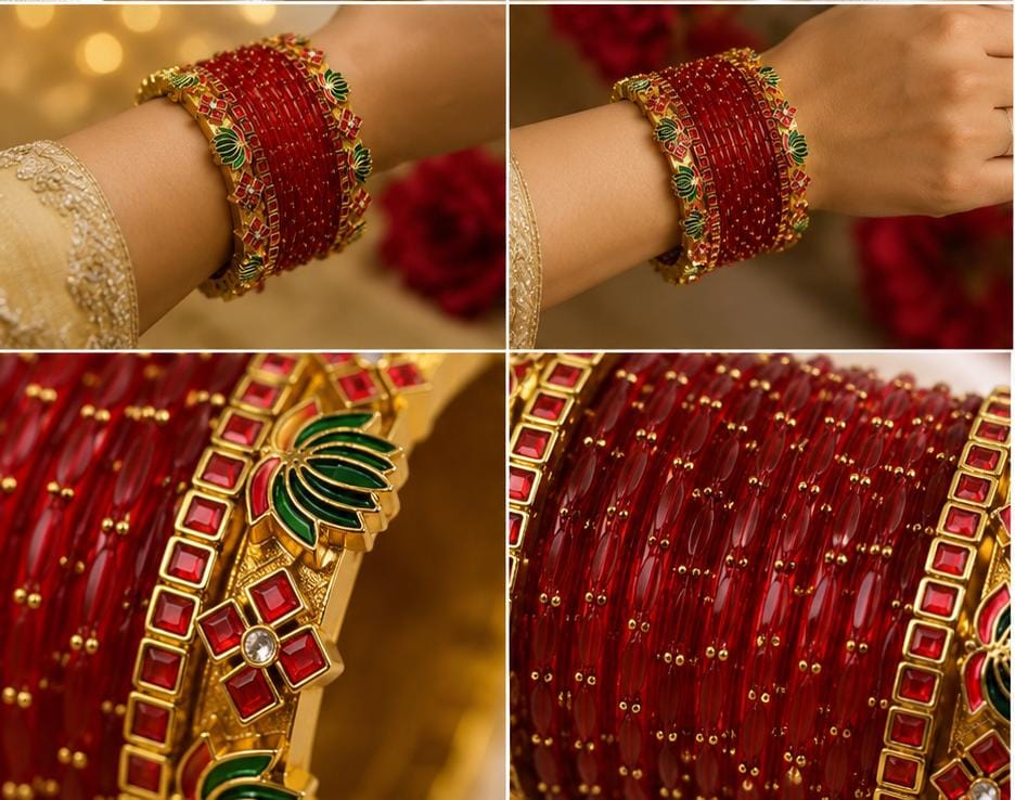LiLa Trendz Traditional Red Glass Bangle Set with Antique Kemp Kada