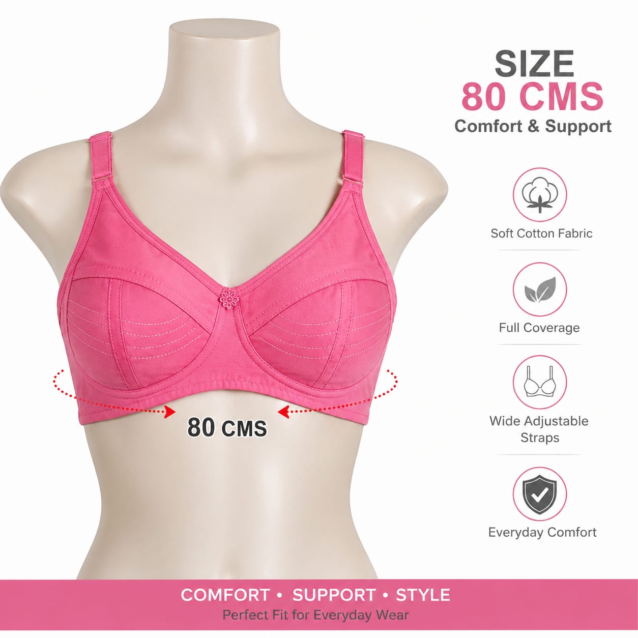 LiLa Trendz Women's Soft Cotton Everyday Comfort Bra - Pink (75 CMS)