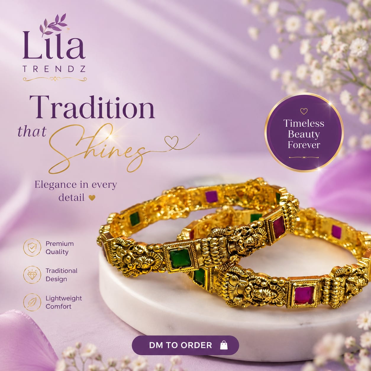 Royal Antique Matte Finish Kemp & Green Stone Temple Bangles